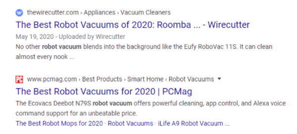 Google SERP for robot vacuums