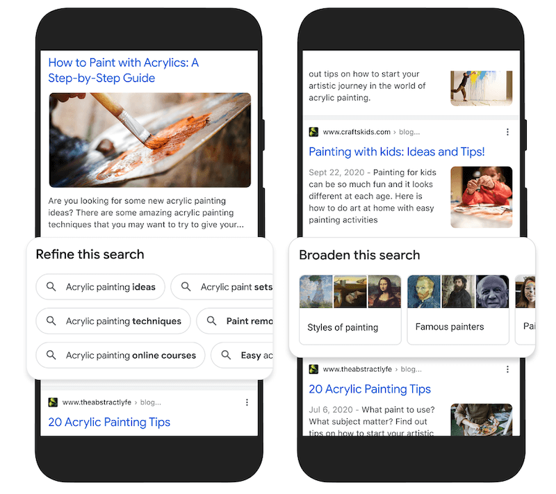 2 phones showing how users can refine or broaden searches around related topics in google search