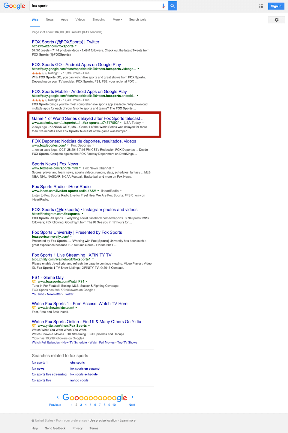 “Fox Sports” Google Search – Page 2 October 29, 2015 3:45pm ET
