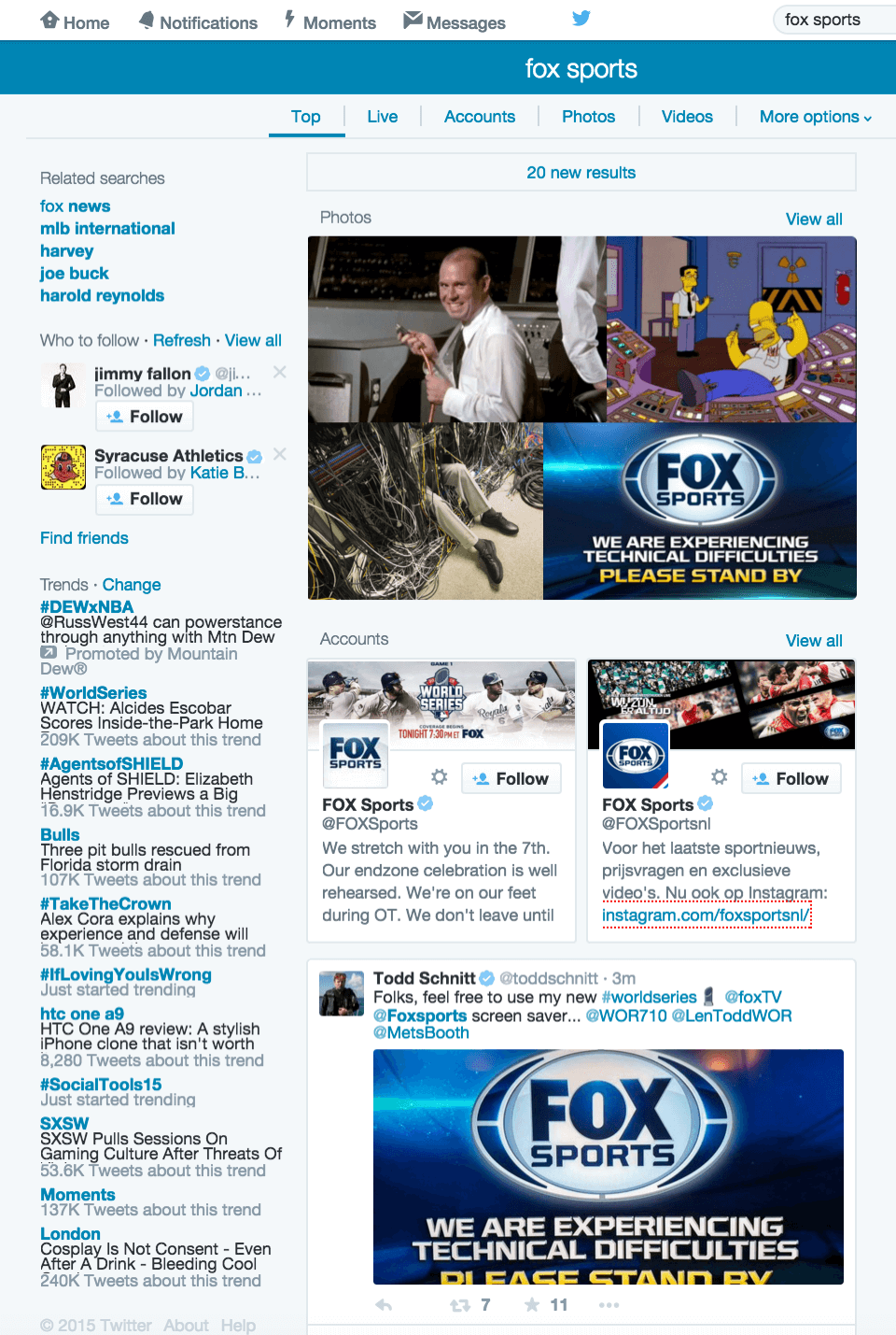 “Fox Sports” Twitter Search 9:50pm ET (10/27/15)