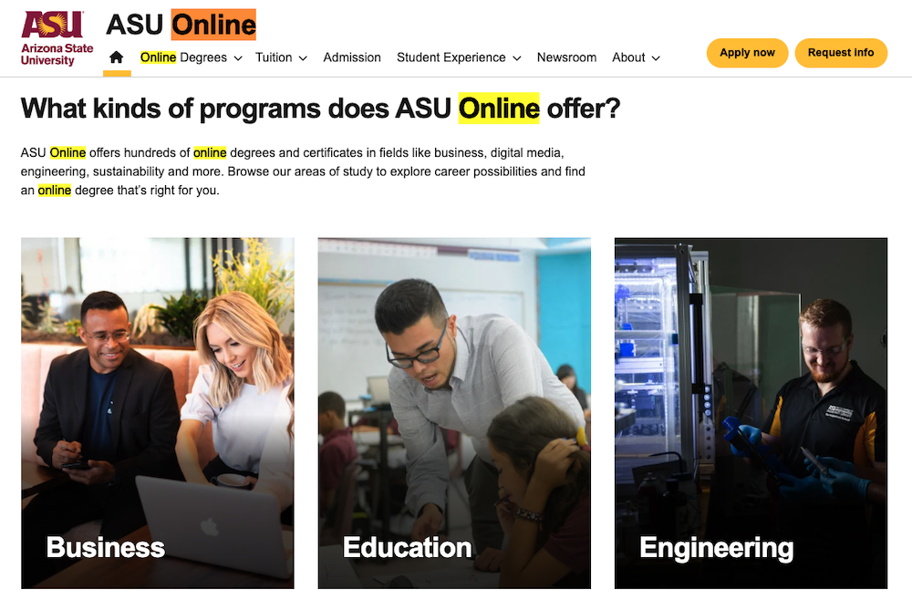 ASU Online "What kinds of programs does ASU offer?" page