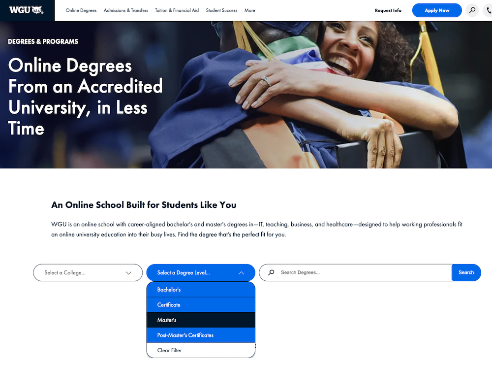 WGU Online Degrees page