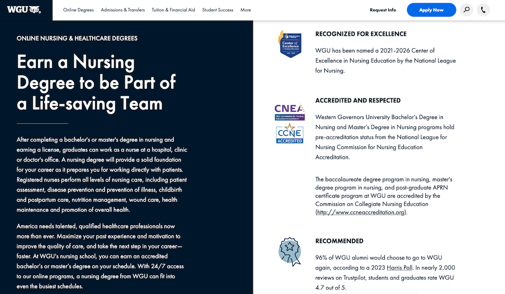 WGU Earn a Nursing Degree page screenshot