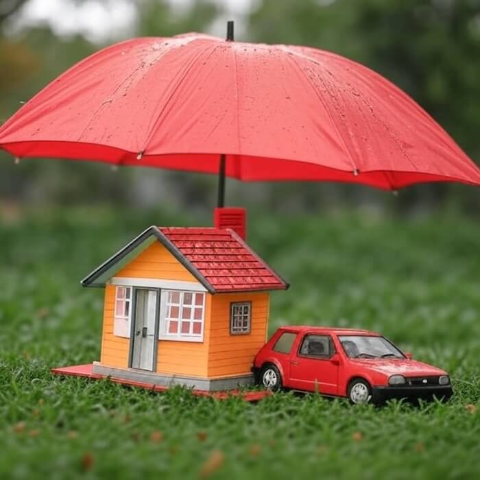 red umbrella protecting a toy house and car to represent insurance