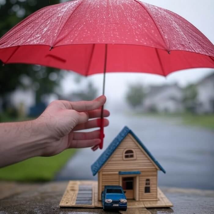 red umbrella protecting a toy house and car to represent insurance