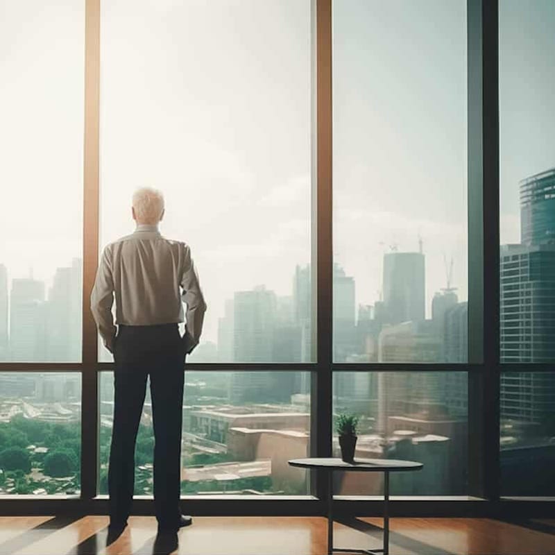man looking out floor to ceiling office window