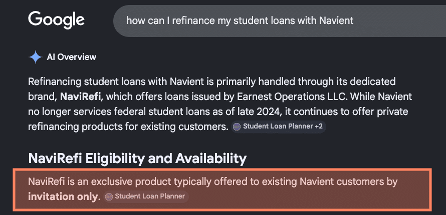 Google search for "how can I refinance my student loans with Navient?"