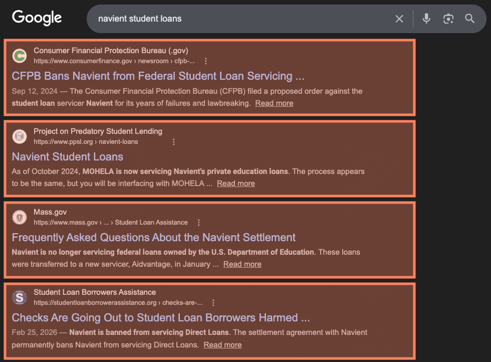 Google SERP for Navient student loans.