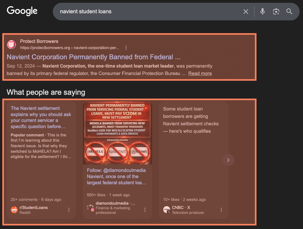 Google search for Navient student loans.