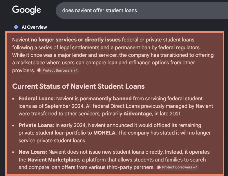 Google search for "Does Navient offer student loans?"