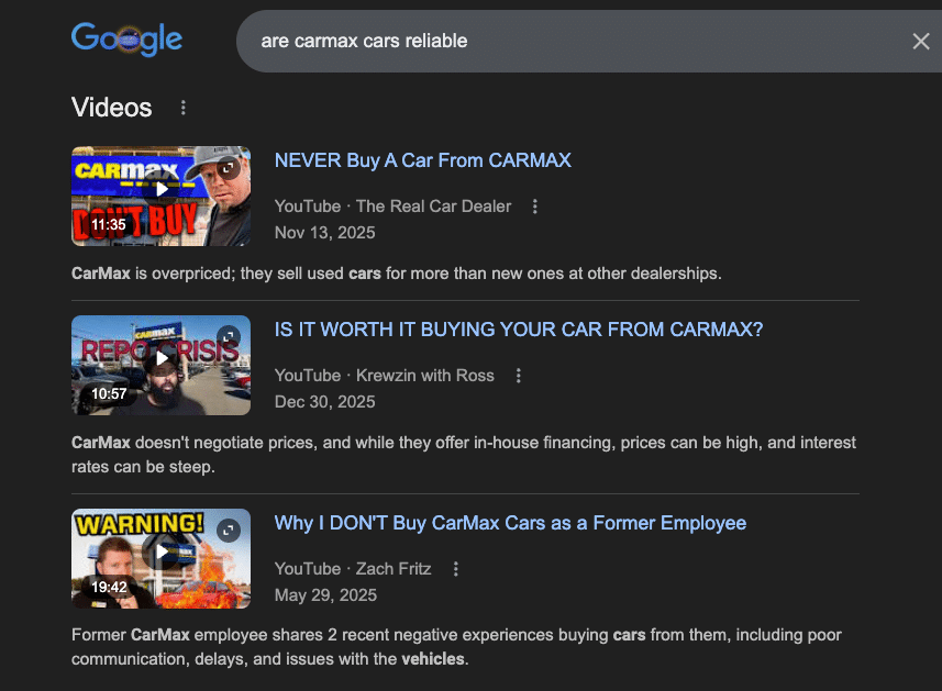 Branded search results for 'are carmax cars reliable'