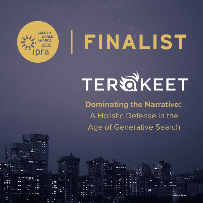 An image of a city skyline with the IPRA logo and the words: Terakeet | Dominating the Narrative: A Holistic Defense in the Age of Generative Search